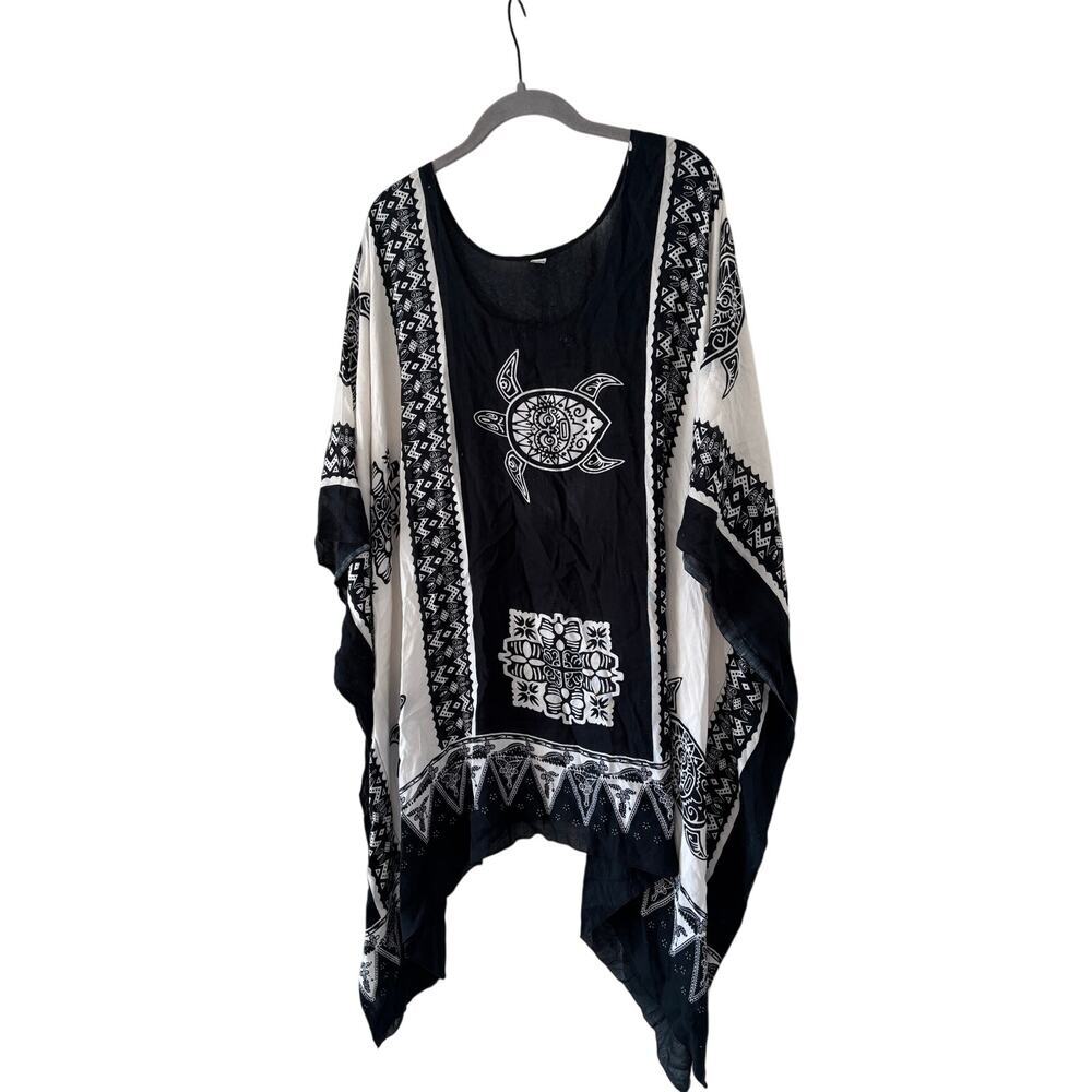 Handmade Rayon Beach Cover Up Kaftan Black White Sea Turtle Boho One Size - Picture 5 of 9